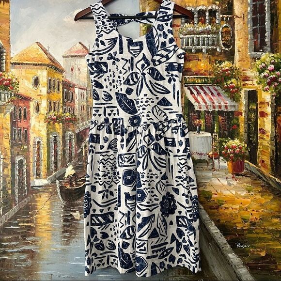 Vintage Boho sleeveless navy blue and white sundress - Picture 1 of 10